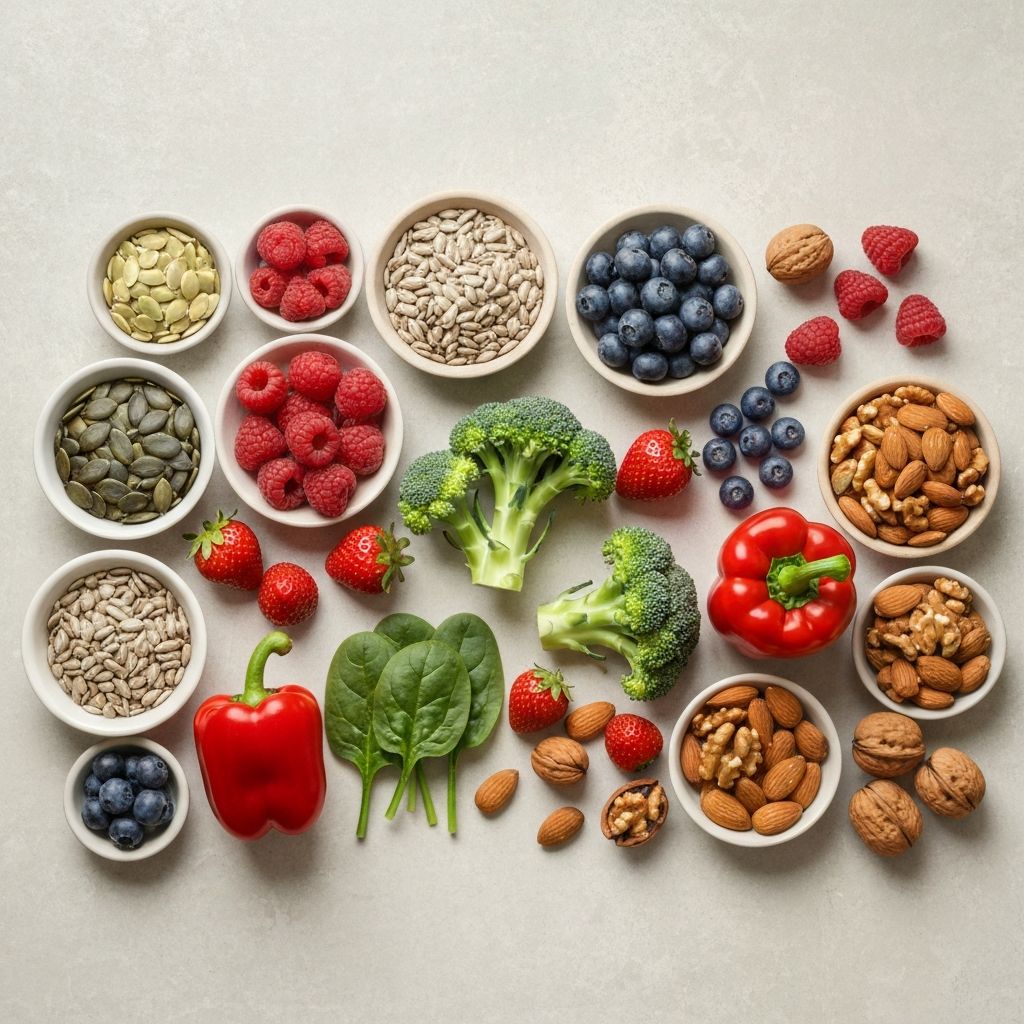 Micronutrient-rich foods including vegetables, fruits, seeds, and nuts