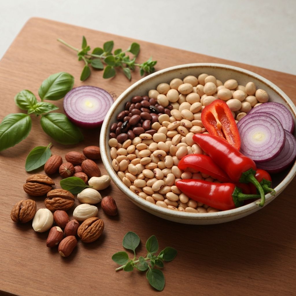 Nutrient-rich foods including legumes, grains, and vegetables